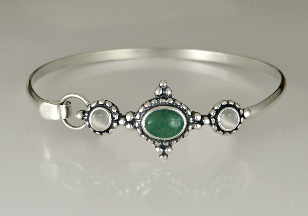 Sterling Silver Strap Latch Spring Hook Bangle Bracelet With Jade And White Moonstone